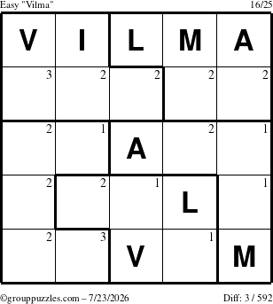 The grouppuzzles.com Easy Vilma puzzle for Thursday July 23, 2026 with the first 3 steps marked
