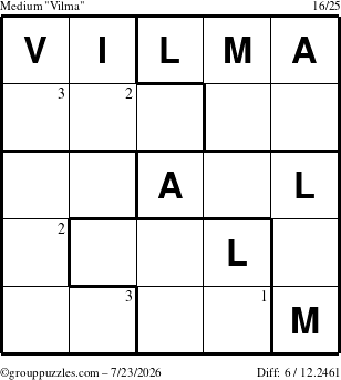 The grouppuzzles.com Medium Vilma puzzle for Thursday July 23, 2026 with the first 3 steps marked