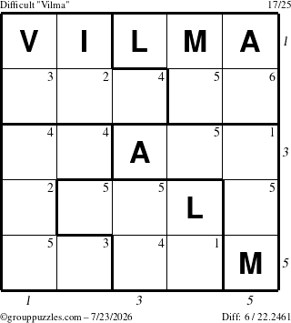 The grouppuzzles.com Difficult Vilma puzzle for Thursday July 23, 2026 with all 6 steps marked