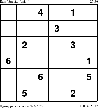 The grouppuzzles.com Easy Sudoku-Junior puzzle for Thursday July 23, 2026