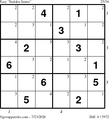 The grouppuzzles.com Easy Sudoku-Junior puzzle for Thursday July 23, 2026, suitable for printing, with all 4 steps marked