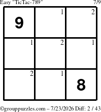 The grouppuzzles.com Easy TicTac-789 puzzle for Thursday July 23, 2026 with the first 2 steps marked