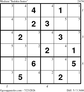 The grouppuzzles.com Medium Sudoku-Junior puzzle for Thursday July 23, 2026, suitable for printing, with all 5 steps marked