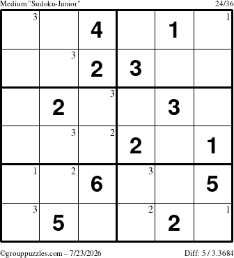 The grouppuzzles.com Medium Sudoku-Junior puzzle for Thursday July 23, 2026 with the first 3 steps marked