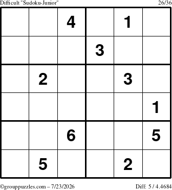 The grouppuzzles.com Difficult Sudoku-Junior puzzle for Thursday July 23, 2026