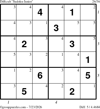 The grouppuzzles.com Difficult Sudoku-Junior puzzle for Thursday July 23, 2026 with all 5 steps marked