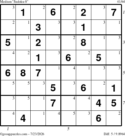 The grouppuzzles.com Medium Sudoku-8 puzzle for Thursday July 23, 2026, suitable for printing, with all 5 steps marked