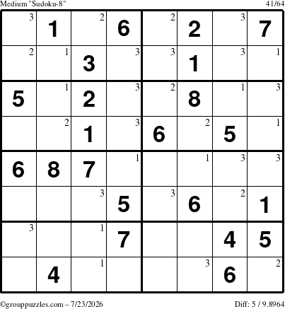 The grouppuzzles.com Medium Sudoku-8 puzzle for Thursday July 23, 2026 with the first 3 steps marked