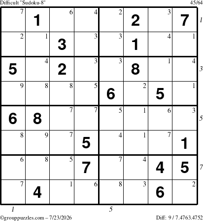 The grouppuzzles.com Difficult Sudoku-8 puzzle for Thursday July 23, 2026 with all 9 steps marked