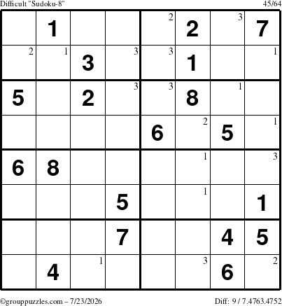 The grouppuzzles.com Difficult Sudoku-8 puzzle for Thursday July 23, 2026 with the first 3 steps marked