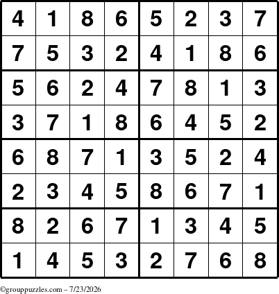 The grouppuzzles.com Answer grid for the Sudoku-8 puzzle for Thursday July 23, 2026