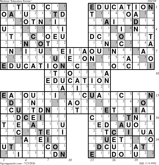 The grouppuzzles.com Medium Education-Xtreme puzzle for Thursday July 23, 2026 with all 5 steps marked