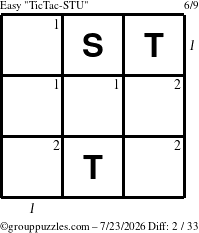 The grouppuzzles.com Easy TicTac-STU puzzle for Thursday July 23, 2026 with all 2 steps marked
