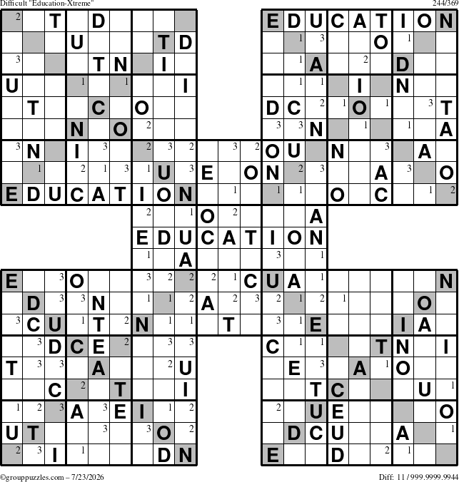 The grouppuzzles.com Difficult Education-Xtreme puzzle for Thursday July 23, 2026 with the first 3 steps marked