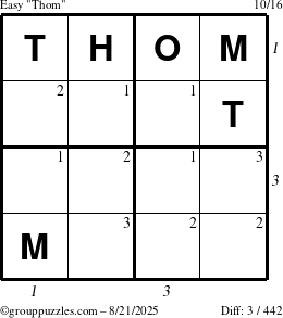 The grouppuzzles.com Easy Thom puzzle for Thursday August 21, 2025, suitable for printing, with all 3 steps marked