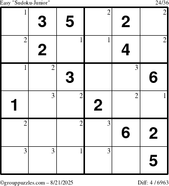 The grouppuzzles.com Easy Sudoku-Junior puzzle for Thursday August 21, 2025 with the first 3 steps marked