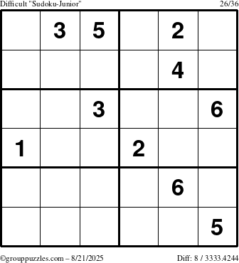 The grouppuzzles.com Difficult Sudoku-Junior puzzle for Thursday August 21, 2025