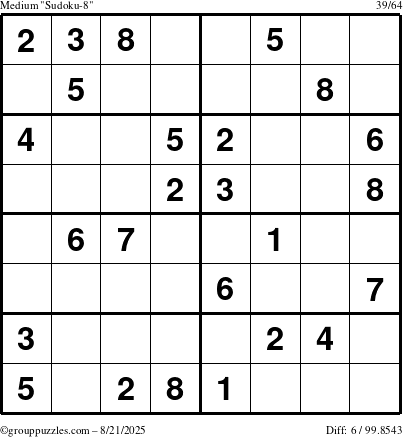 The grouppuzzles.com Medium Sudoku-8 puzzle for Thursday August 21, 2025