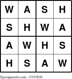 The grouppuzzles.com Answer grid for the Wash puzzle for Tuesday March 19, 2024