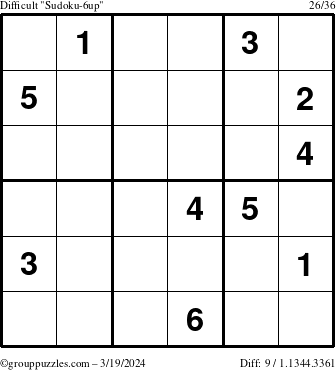 The grouppuzzles.com Difficult Sudoku-6up puzzle for Tuesday March 19, 2024