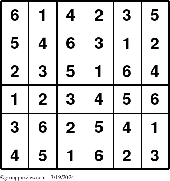 The grouppuzzles.com Answer grid for the Sudoku-6up puzzle for Tuesday March 19, 2024