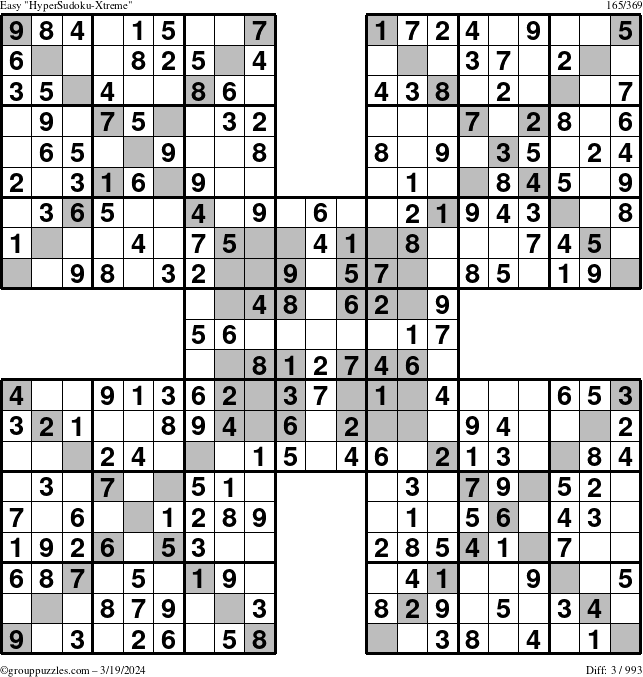 The grouppuzzles.com Easy HyperSudoku-Xtreme puzzle for Tuesday March 19, 2024
