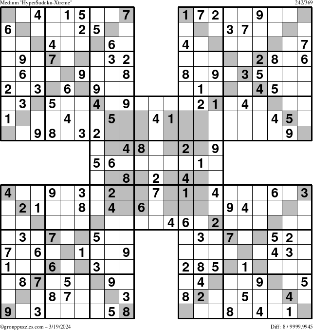 The grouppuzzles.com Medium HyperSudoku-Xtreme puzzle for Tuesday March 19, 2024