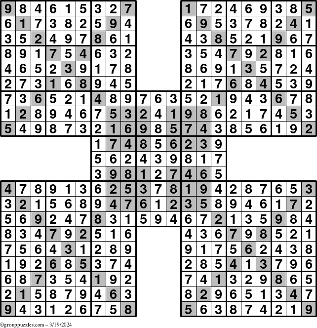 The grouppuzzles.com Answer grid for the HyperSudoku-Xtreme puzzle for Tuesday March 19, 2024
