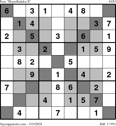 The grouppuzzles.com Easy HyperSudoku-X puzzle for Tuesday March 19, 2024