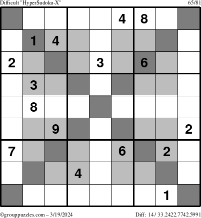 The grouppuzzles.com Difficult HyperSudoku-X puzzle for Tuesday March 19, 2024