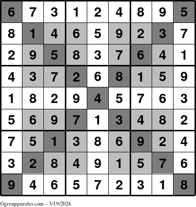 The grouppuzzles.com Answer grid for the HyperSudoku-X puzzle for Tuesday March 19, 2024
