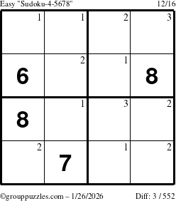 The grouppuzzles.com Easy Sudoku-4-5678 puzzle for Monday January 26, 2026 with the first 3 steps marked