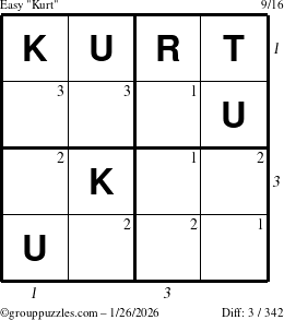 The grouppuzzles.com Easy Kurt puzzle for Monday January 26, 2026, suitable for printing, with all 3 steps marked