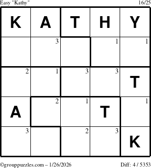 The grouppuzzles.com Easy Kathy puzzle for Monday January 26, 2026 with the first 3 steps marked
