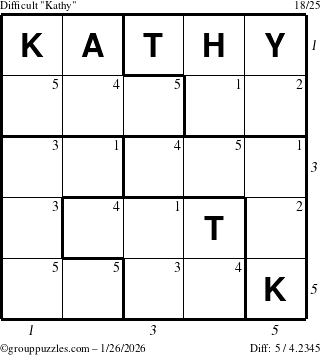 The grouppuzzles.com Difficult Kathy puzzle for Monday January 26, 2026 with all 5 steps marked