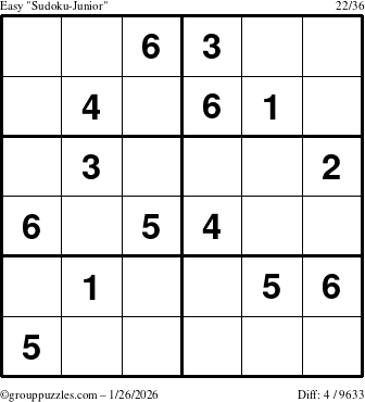 The grouppuzzles.com Easy Sudoku-Junior puzzle for Monday January 26, 2026