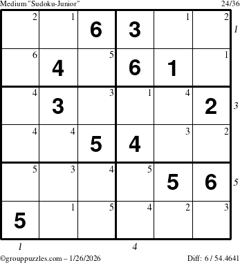 The grouppuzzles.com Medium Sudoku-Junior puzzle for Monday January 26, 2026 with all 6 steps marked