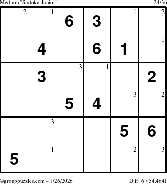 The grouppuzzles.com Medium Sudoku-Junior puzzle for Monday January 26, 2026 with the first 3 steps marked