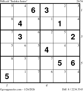 The grouppuzzles.com Difficult Sudoku-Junior puzzle for Monday January 26, 2026 with all 8 steps marked