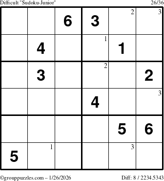 The grouppuzzles.com Difficult Sudoku-Junior puzzle for Monday January 26, 2026 with the first 3 steps marked