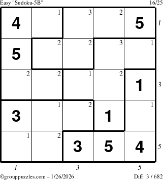 The grouppuzzles.com Easy Sudoku-5B puzzle for Monday January 26, 2026, suitable for printing, with all 3 steps marked