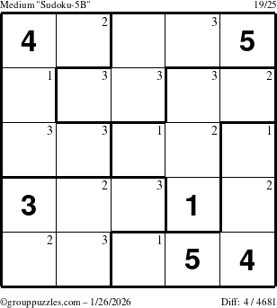 The grouppuzzles.com Medium Sudoku-5B puzzle for Monday January 26, 2026 with the first 3 steps marked