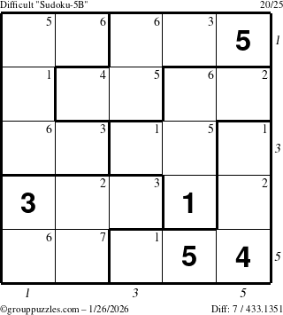 The grouppuzzles.com Difficult Sudoku-5B puzzle for Monday January 26, 2026, suitable for printing, with all 7 steps marked