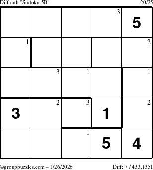 The grouppuzzles.com Difficult Sudoku-5B puzzle for Monday January 26, 2026 with the first 3 steps marked