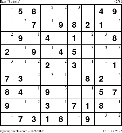 The grouppuzzles.com Easy Sudoku puzzle for Monday January 26, 2026 with the first 3 steps marked