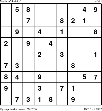 The grouppuzzles.com Medium Sudoku puzzle for Monday January 26, 2026
