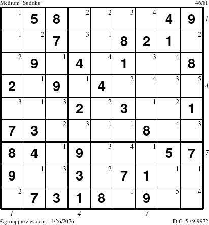 The grouppuzzles.com Medium Sudoku puzzle for Monday January 26, 2026 with all 5 steps marked