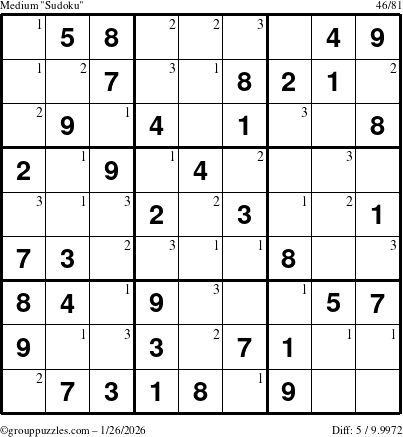 The grouppuzzles.com Medium Sudoku puzzle for Monday January 26, 2026 with the first 3 steps marked