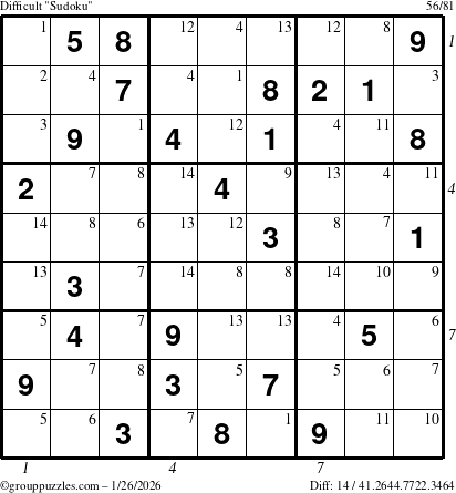 The grouppuzzles.com Difficult Sudoku puzzle for Monday January 26, 2026, suitable for printing, with all 14 steps marked