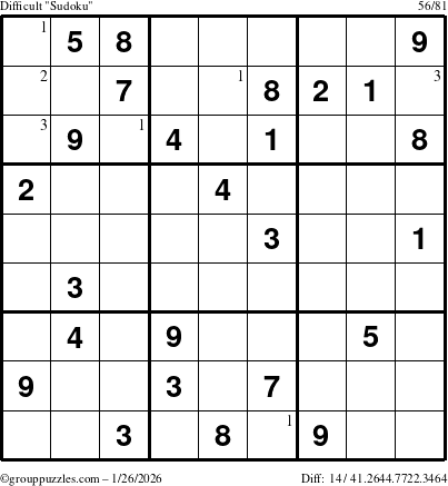 The grouppuzzles.com Difficult Sudoku puzzle for Monday January 26, 2026 with the first 3 steps marked